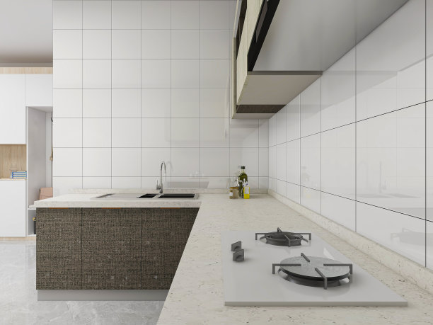 3D渲染，干净整洁的厨房设计与餐桌，厨房，灶台设计图片下载