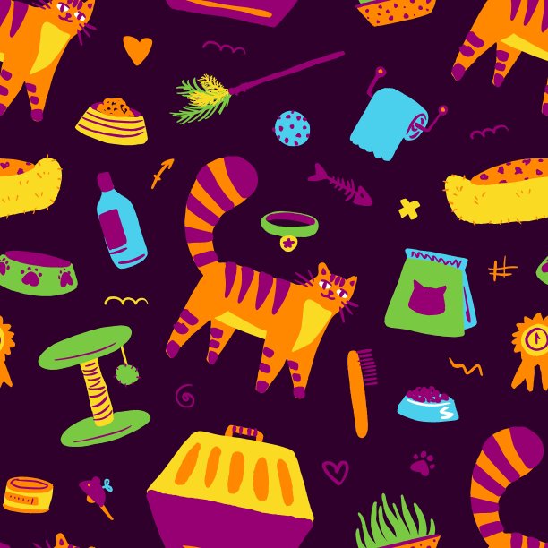 可爱的橙色搞笑猫和配件。彩色插图无缝图案。可爱的猫。贺卡、海报、横幅。向量图片下载