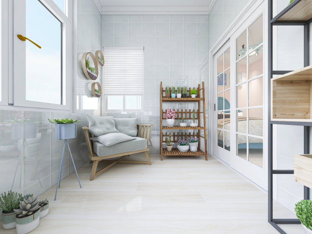 三维效果图，封闭式阳台设计，有桌子、绿色植物等。图片下载