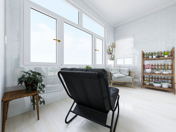 三维效果图，封闭式阳台设计，有桌子、绿色植物等。图片下载