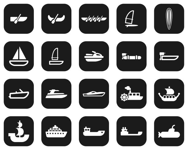船或船图标白色在黑色平面设计设置大图片下载
