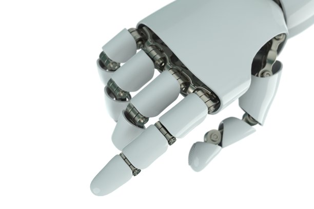 一个机器人手臂的3d渲染与手指和食指指出，科学概念库存照片图片下载