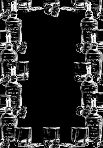 威士忌酒瓶，玻璃杯，冰块和一些大麦穗。垂直框架或空白页模板。图片下载