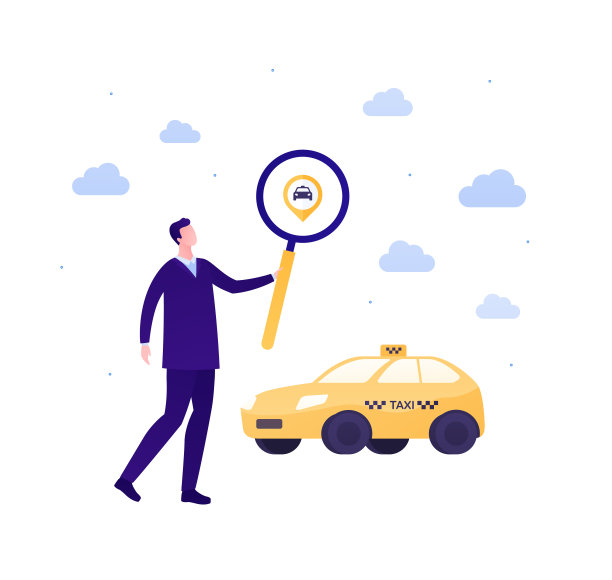 出租车服务理念。矢量平面人插图。黄色出租车和男子持有放大镜出租车大头针图标上的云背景。设计元素的旗帜，海报，ui, web。图片下载