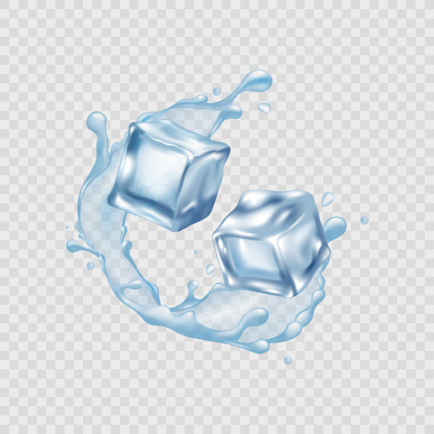 真实半透明的蓝色冰块和水溅在一个透明的背景。图片下载