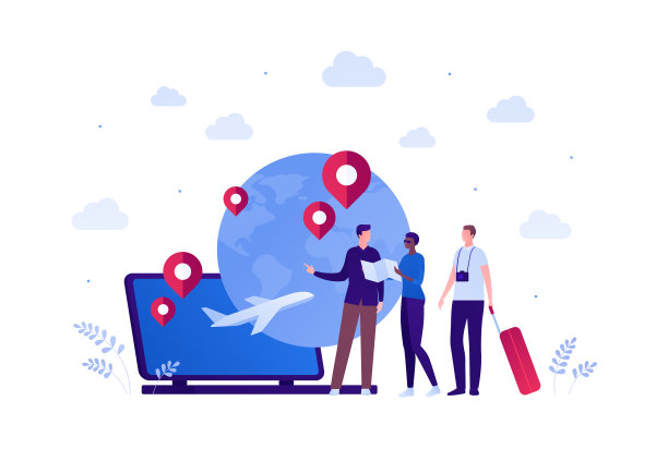 乘飞机环游世界的概念。矢量平面人插图。一群带着行李，相机，地图的多民族人。笔记本电脑，飞机和胸针标志。设计元素的横幅，背景，草图。图片下载