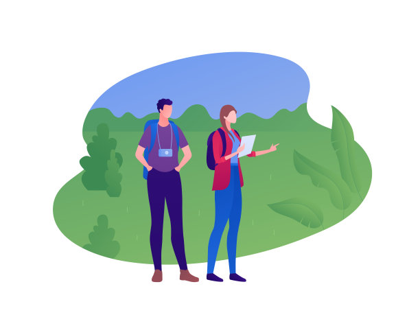 户外旅行的概念。矢量平面人插图。一对幸福的家庭夫妇，背包，相机和地图指南站在绿色的森林背景。设计元素的横幅，背景，草图。图片下载