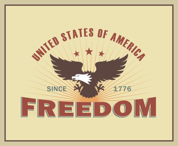 矢量插图的鹰与文字，太阳与射线和星星在一个彩色的背景。图片下载