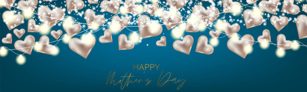 母亲节快乐横幅，网站或通讯标题。心形在蓝色的背景与书法字母。矢量插图。图片下载