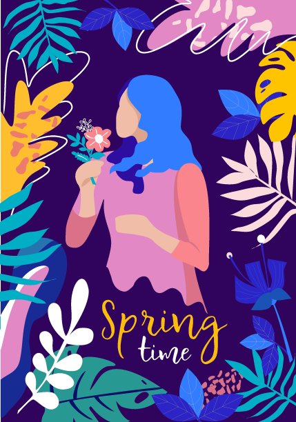 春天的时间。插画与女孩和鲜花在一个平坦的风格。图片下载
