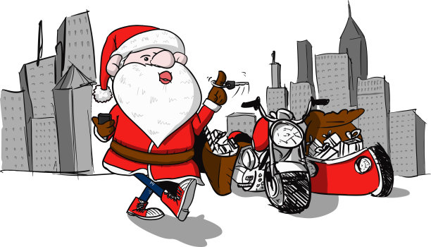 圣诞老人和他的自行车在城市的卡通图片下载