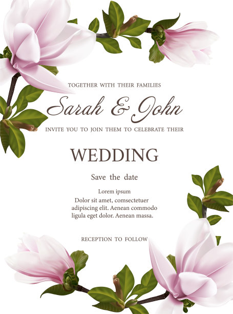 婚礼请柬与小枝盛开的玉兰花。木兰花，孤立在白色上。图片下载