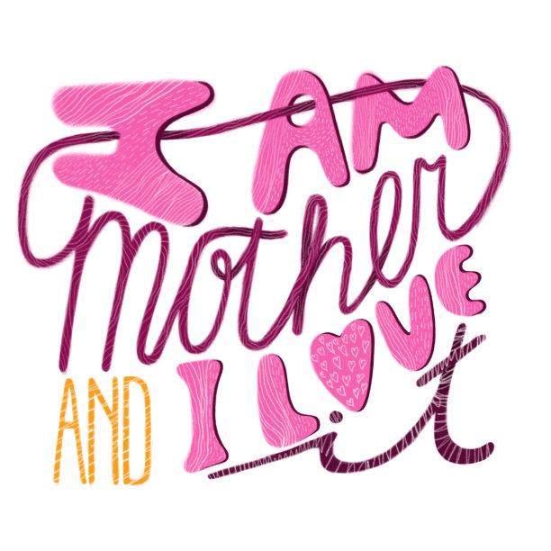 数字手绘黄色，粉红色的字母-我是妈妈，我爱它。手写短语母亲节打印，问候海报，横幅，节日贺卡。白色的孤立的背景。心的形状。图片下载