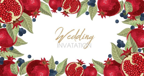 石榴和叶子的婚礼请柬。婚礼或贺卡的作文。图片下载
