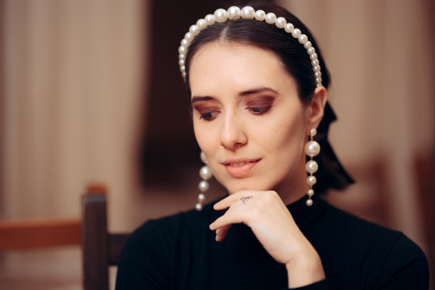 佩戴珍珠饰品的优雅女性肖像图片下载