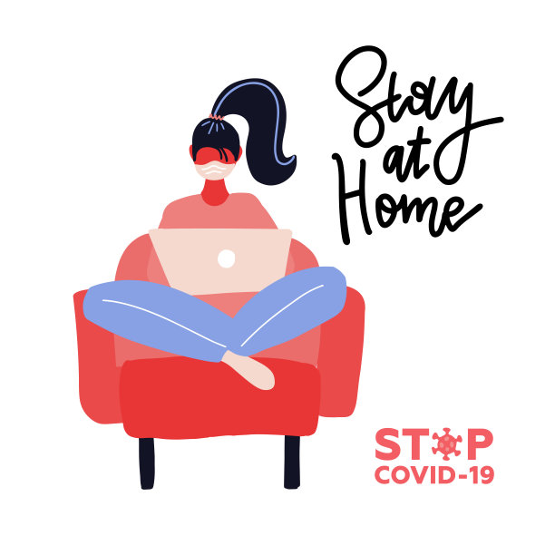 年轻女孩坐在扶手椅上，在笔记本电脑上工作或学习。呆在家里发短信。平面向量插图图片下载