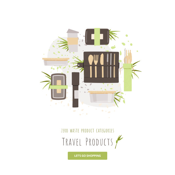 矢量集自然竹子旅行餐具套件-午餐盒，可重复使用的咖啡杯与便携式餐具餐具集刀，叉，勺子，吸管和清洁刷露营或办公室午餐。图片下载