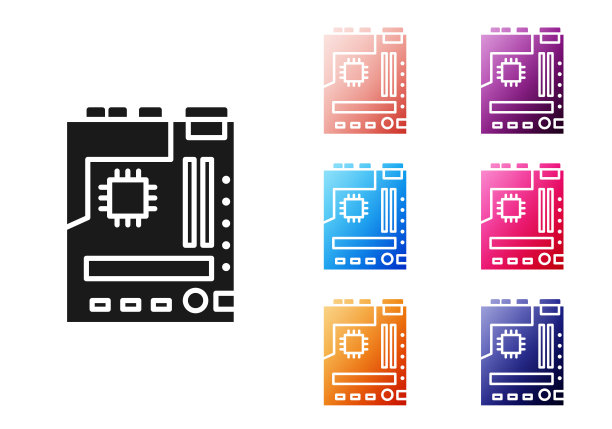 黑色电子计算机组件主板数字芯片集成科学图标孤立在白色背景上。电路板。设置图标丰富多彩。矢量图图片下载