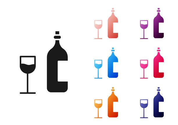 黑色葡萄酒瓶与葡萄酒杯图标孤立在白色背景。复活节快乐。设置图标丰富多彩。矢量图图片下载