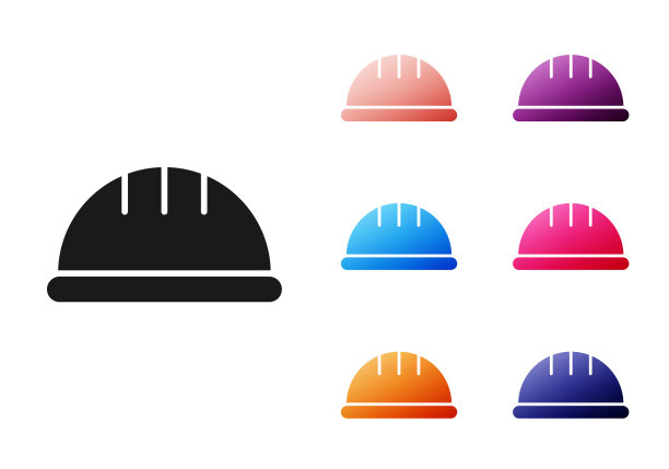 黑色工人安全帽图标孤立在白色背景。设置图标丰富多彩。矢量图图片下载