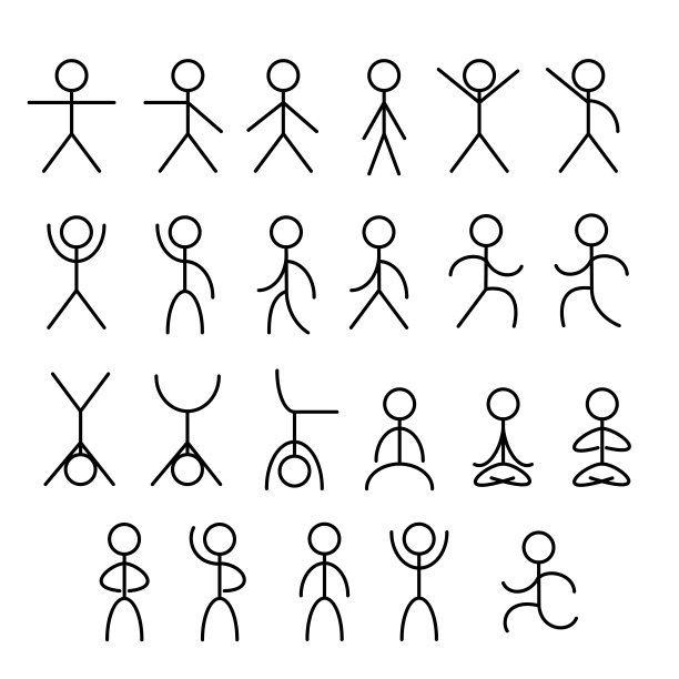 示意图小人图标集，舞蹈小人集合，体操练习，孤立向量。黑色和白色图片下载