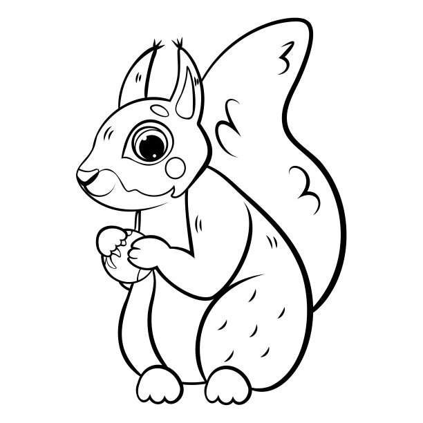 可爱的卡通松鼠与榛子向量着色页面轮廓。儿童森林动物着色书。孤立在白色背景上。图片下载