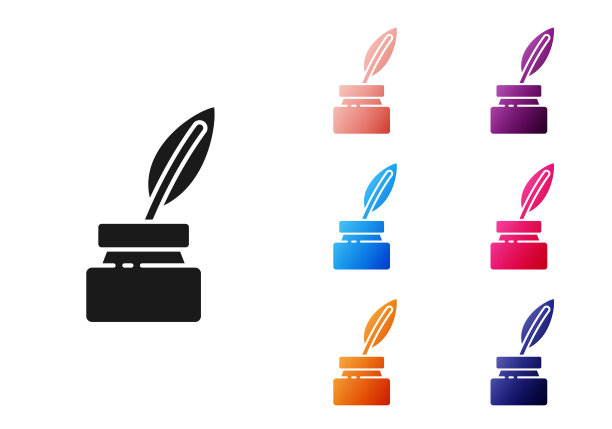 黑色羽毛和墨水瓶图标孤立的白色背景。设置图标丰富多彩。矢量图图片下载