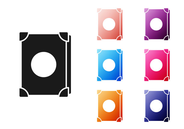 黑色古老的魔法书与炼金术配方和神秘的咒语和结界图标孤立的白色背景。设置图标丰富多彩。矢量图图片下载