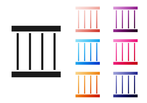 黑色监狱窗口图标隔离在白色背景。设置图标丰富多彩。矢量图图片下载