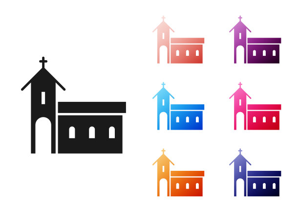 黑色教堂建筑图标孤立在白色背景上。基督教教堂。宗教的教堂。设置图标丰富多彩。矢量图图片下载