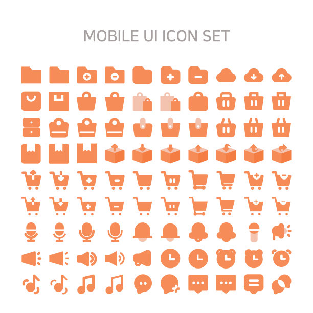 移动用户界面图标，界面，移动网站，移动图标，平面图标，麦克风，铃声，通知，闹钟，扬声器，声音，闹钟，闹钟，笔记，音乐，手表，语音气泡，文件夹，浏览，云，上传，下载，购物车，购物图片下载