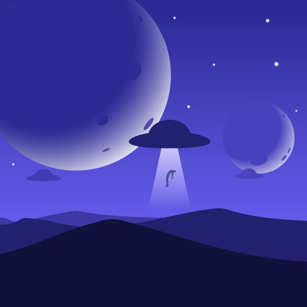 极简主义的山景背景，UFO绑架了一个人，行星或月亮在夜空中。摘要日落表面，不明飞行物漂浮在沙质沙漠上空。矢量图素材图片