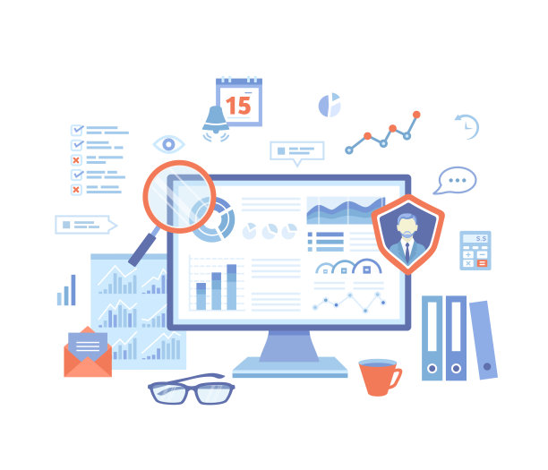 审计、分析、会计、计算、分析。审核员检查文档。图形，监视器屏幕上的图表。矢量插图上的白色背景。图片下载