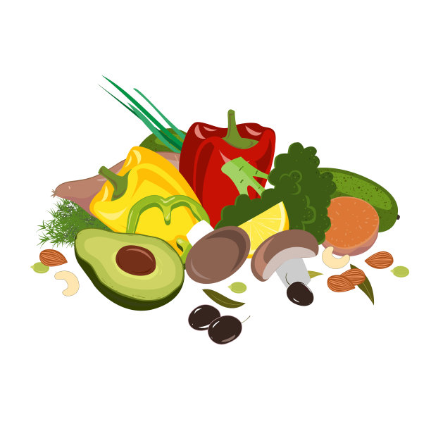 禁食模拟饮食食物，口蹄疫产品载体说明。蔬菜，蘑菇，橄榄和坚果。图片下载