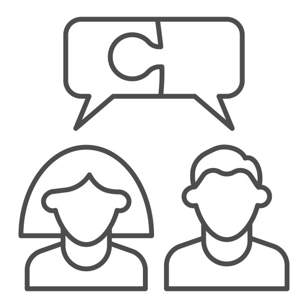 男人和女人的拼图弹出细线图标。合作的想法或解决符号，轮廓风格象形文字在白色的背景。团队合作标志的移动概念和网页设计。矢量图形。图片下载