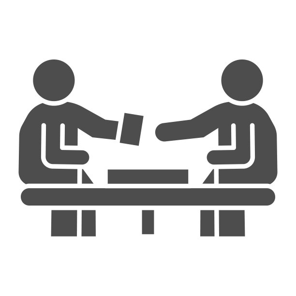 商务对话实心图标。交流时，两位商人在桌前交谈，白色背景上有象形文字风格的象形文字。团队合作标志的移动概念和网页设计。矢量图形。图片下载