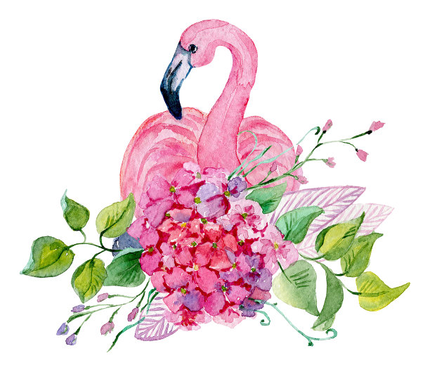 水彩画火烈鸟和花，为婚礼卡片，浪漫的印刷品，织物，纺织品和剪贴簿。素材图片