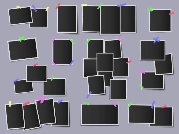 彩色胶带上的照片。复古的相框，时髦的快照照片墙模型，挂即时照片模板矢量插图集图片下载