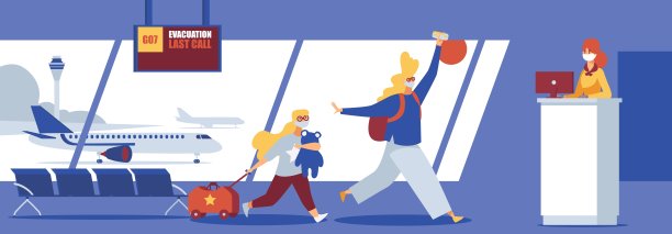 机场室内场景。戴着面具的家人跑到疏散飞机。平淡的角色。图片下载