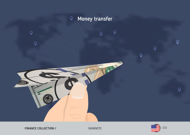 世界各地的转账。100美元的纸飞机。平面风格矢量插图。图片下载