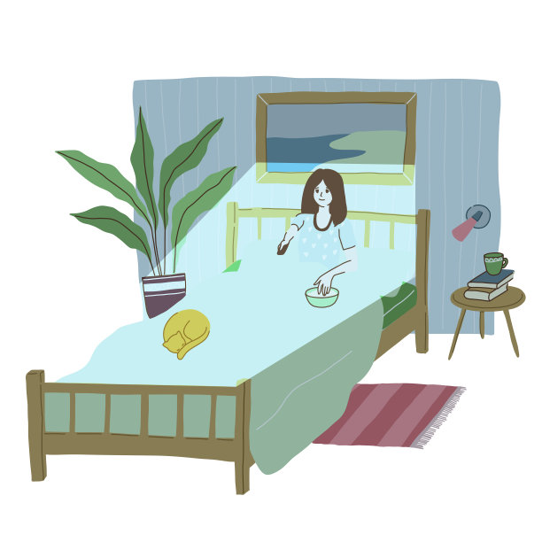 那位年轻女子在睡觉前正在床上看电视。图片下载