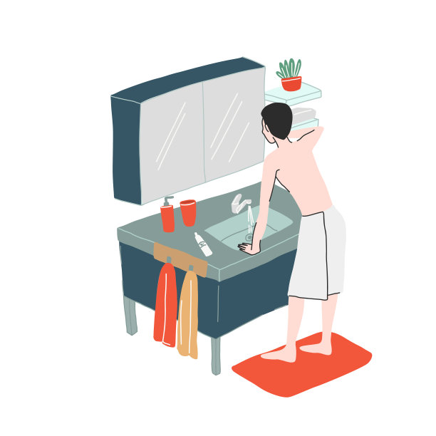 一个年轻人在浴室里洗完澡后刷牙图片下载