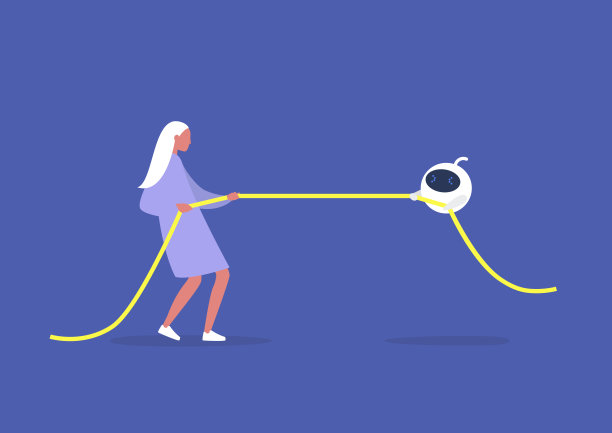 拔河比赛：人与AI的技术较量，年轻女性奋力拉绳图片下载