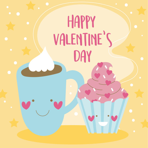 有巧克力和卡哇伊蛋糕的情人节卡片图片下载