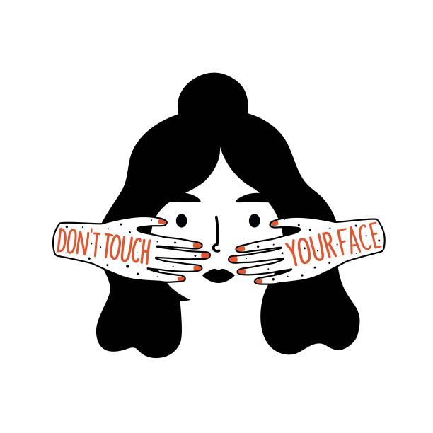 矢量插图的女人头与红色指甲和触摸脸脏手。不要碰你脸上的字母短语。图片下载