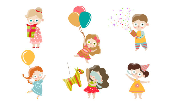 一组孩子庆祝和有乐趣的生日派对。矢量插图在平面卡通风格。图片下载
