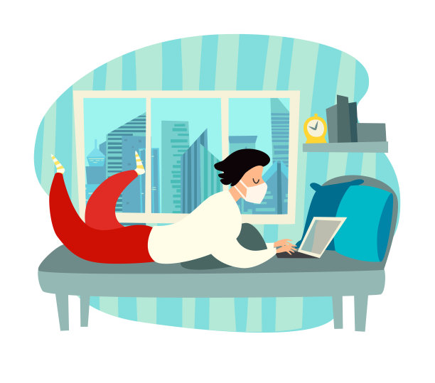 自我隔离的人用笔记本电脑在家工作矢量插图图片下载