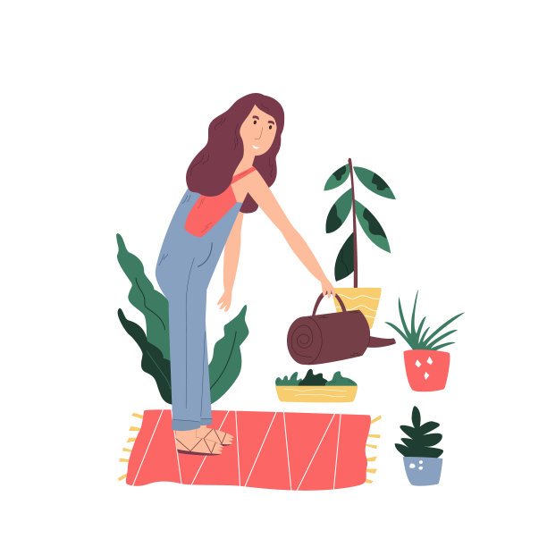 年轻女子在家浇花。园丁的性格。最喜欢的业余爱好的概念图片下载