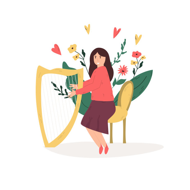 弹竖琴的年轻音乐家女孩，最爱的爱好，闲暇时间。矢量图图片下载