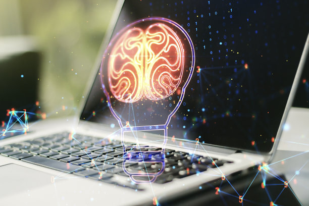 以现代电脑为背景，以未来科技为理念的人脑创意灯泡插画。Multiexposure图片下载